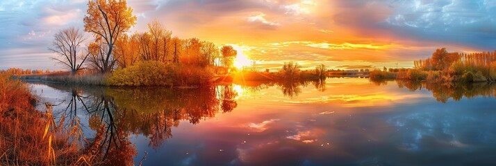 Poster - A breathtaking autumn sunset paints the sky with vivid colors while reflecting beautifully on calm waters. Generative AI