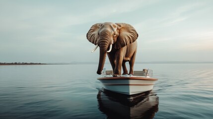 A stunning image of a giant elephant majestically poised on a pristine white boat, peacefully sailing calm waters, offering a delightful scene of underwater beauty.