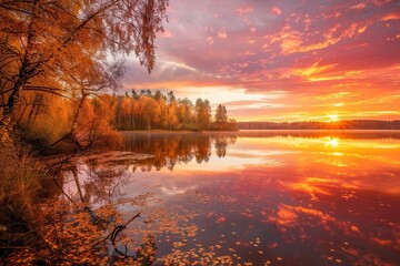 Fototapete - The sky erupts in vibrant colors as the sun sets, casting a golden glow over the lake’s serene surface and surrounding trees. Generative AI