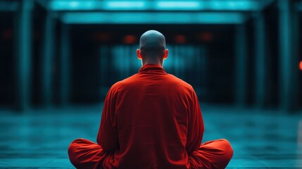 Wall Mural - A monk in orange sits cross-legged, meditating in the serene, blue-lit expanse of a modern meditation hall, embodying tranquility and introspection.