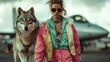 © JoxyAimages - A fierce woman in a colorful, stylish outfit confidently walks alongside a wolf in sunglasses, representing a powerful alliance in a vibrant setting.