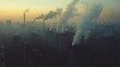 © weerayut - Industrial landscape shrouded in smog, with smoke rising from chimneys at sunset. An impactful view of pollution and urbanization.