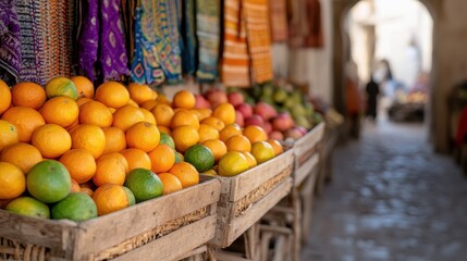 A vibrant market scene with fresh oranges and diverse textiles on display, capturing the essence of local culture and trade under a sunlit outdoor archway.