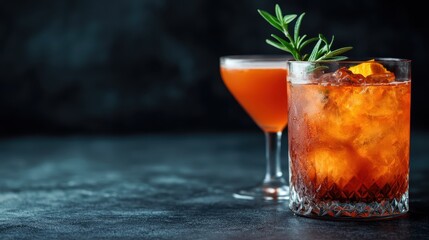 Two distinct cocktails in elegant glasses, placed on a dark background, exuding sophistication and perfect for special occasions or classy gatherings.