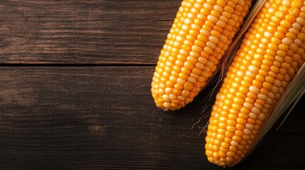 Two ripe corn cobs sit on a rustic wooden surface, embodying the essence of harvest and rural life, inviting thoughts of nutrition and natural abundance.