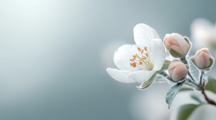 A delicate white flower blossom with accompanying buds is captured in soft focus, emphasizing natural beauty and simplicity against a serene, muted background.