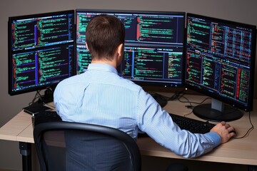 A programmer working at multiple screens displaying various code lines.