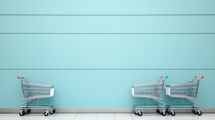 Two empty shopping carts stand side by side against a vivid blue wall, evoking a sense of consumerism and stark simplicity in an everyday urban environment.