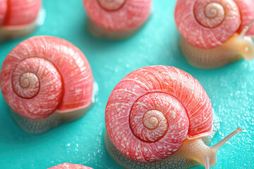 Vibrant Pink Snails on Turquoise Background: Captivating Nature Close-Up