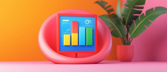 Colorful chart display on a modern desk with vibrant background and greenery, representing data analysis and trends.