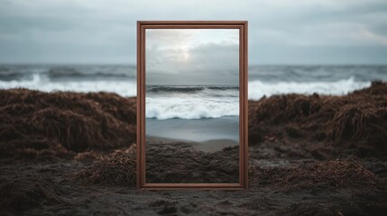 A wooden frame mirror placed on a beach reflects a powerful ocean under a cloudy sky, creating a surreal scene that evokes thoughts of reflection and introspection.