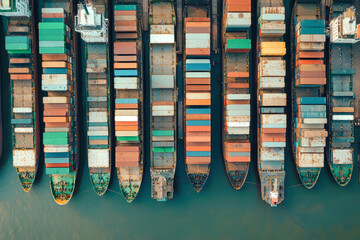 Wall Mural - Top view of cargo ships and boats moored in a port for logistics transportation and industrial trade in a bustling maritime environment