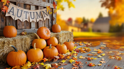 Orange pumpkins and autumn leaves on wooden porch, rustic fall harvest background. 
