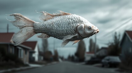 A surrealist image of a fish appears to float above a deserted suburban street, evoking a sense of wonder and curiosity in an otherwise mundane setting.