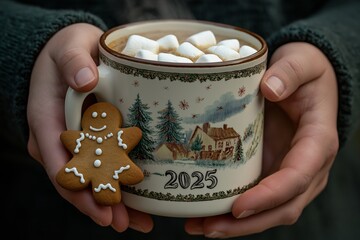 Close-up of hands holding a Christmas mug filled with hot chocolate, topped with marshmallows, alongside a gingerbread cookie