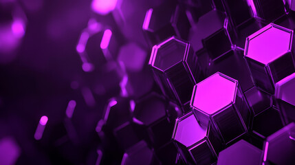 Wall Mural - A futuristic background with dark purple hexagonal shapes, like a honeycomb. It represents blockchain technology with connected blocks, creating a low-poly, digital design.