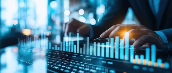 Professional hands working on a keyboard with digital graph analytics on a screen, showcasing modern technology in business.