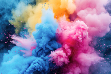 A stunning explosion of multicolored powder creates a vibrant, abstract cloud, blending pink, yellow, blue, and purple hues.