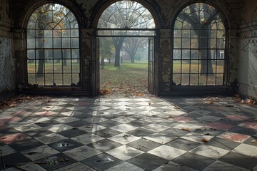 The photograph captures a hauntingly beautiful and atmospheric view of an abandoned, derelict building with large arched windows overlooking a misty park