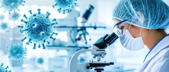 Scientist examining virus samples under a microscope in a laboratory setting, with visible virus illustrations.