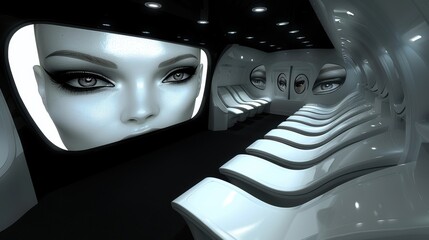 Futuristic subway car interior with sleek white design, featuring rows of modern seats and large digital screens displaying artistic eye imagery