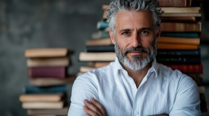 A confident man in a white shirt stands confidently with his arms crossed beside a stack of books, presenting a sense of authority and knowledge in his field.