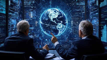 Two businessmen analyzing global data over a digital interface with a globe projection.