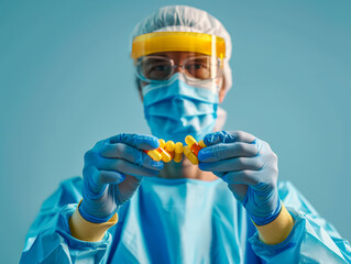 Person in a lab coat is holding two pills in their hands. The person is wearing a mask and gloves, which suggests that they are working in a sterile environment