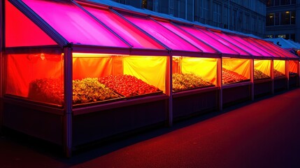 Vibrant fruit market stalls illuminated with colorful lights, showcasing a variety of fresh produce.