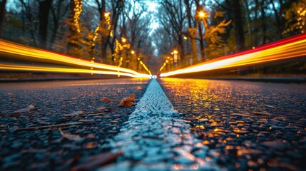 A breathtaking photograph capturing the vibrant light trails of vehicles speeding down a tree-lined avenue during twilight in an urban park