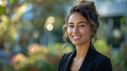 Businesswoman in formal suit, smiling confidently while looking to the side, standing in a modern outdoor setting