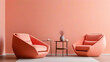 © Galeno - coral barrel chair near beige sofa pouf coral wall copy space home interior design modern living room