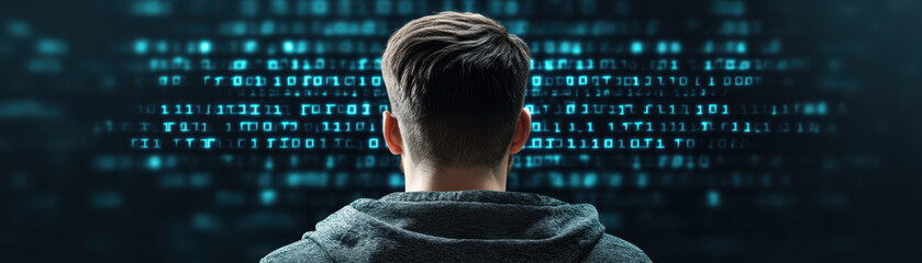 image features person standing in front of futuristic background filled with binary code, symbolizing themes of privacy and encryption. atmosphere conveys sense of intrigue and technology