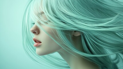 The young woman displays her vibrant mint green hair as it cascades elegantly around her face