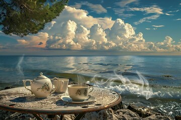 Wall Mural - Two cups of coffee on the table on the background of the sea