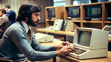 Throwback to the 70s: Man Coding on Vintage Computer at Work
