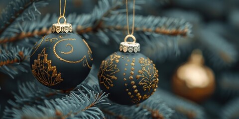 This beautifully detailed photograph captures the essence of the holiday season with two intricately designed black and gold Christmas ornaments hanging on a lush green pine tree branch