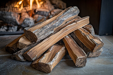 Wall Mural - A neatly stacked pile of firewood in front of a fireplace, showcasing natural wood textures and creating a cozy, warm indoor atmosphere
