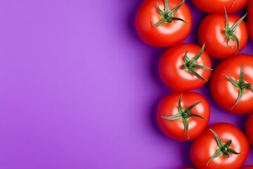 Bunch of red tomatoes are arranged in a row on a purple background. tomatoes are all different sizes and are placed in a way that creates a sense of depth. Red tomatoes on a lilac background top view