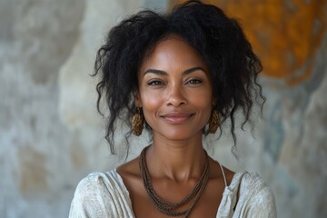 Canvas Print - Woman with curly hair and a necklace is smiling. She has a necklace around her neck and earrings. Smiling african american woman standing portrait adult.