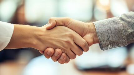 A close-up of two hands shaking in agreement, symbolizing partnership and collaboration in a business environment.