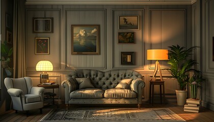 interior with blue sofa and armchair. 3d render illustration