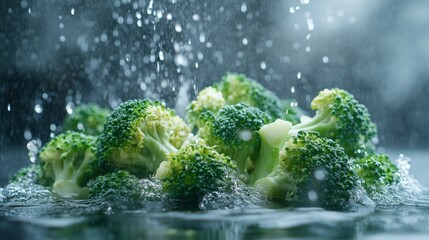 Fresh broccoli being washed under water droplets, highlighting its freshness and nutrition.