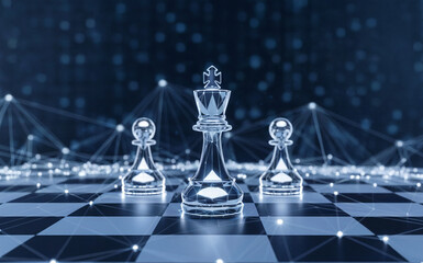 A digital representation of a chessboard with three chess pieces: a king in the center, flanked by two pawns. 