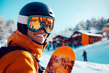 Smiling man in ski goggles and helmet holding snowboard, enjoying winter sports on a sunny day at a snowy mountain resort