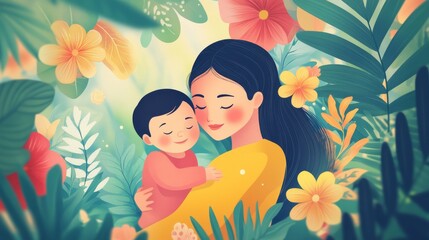 Mother and child in a loving embrace, celebrating Mother's Day with a vibrant, cheerful background. Vector illustration