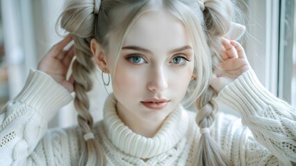 Young woman with braided hair and earrings showcasing a soft expression in a well-lit indoor setting during daylight hours. Generative AI