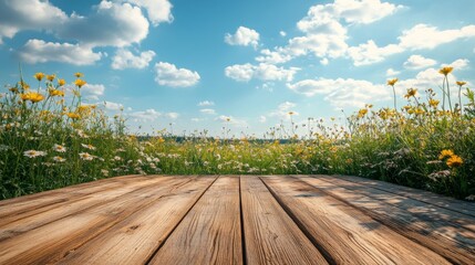 Wall Mural - wooden deck in blooming meadow