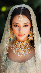 An indian bride dressed in traditional attire stands gracefully, showcasing the intricate designs and vibrant colors of her cultural costume.