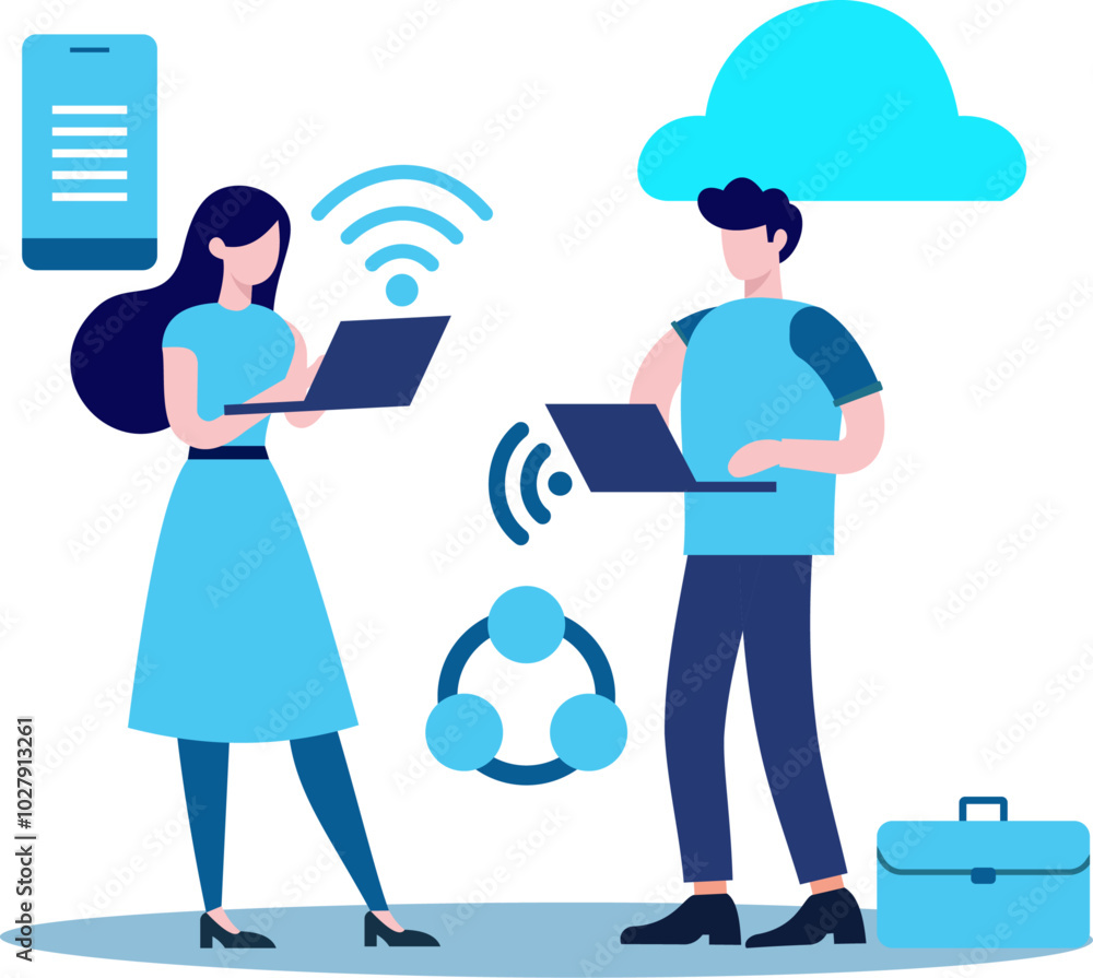 two people, a man and a woman, working on their laptops, connected to a ...